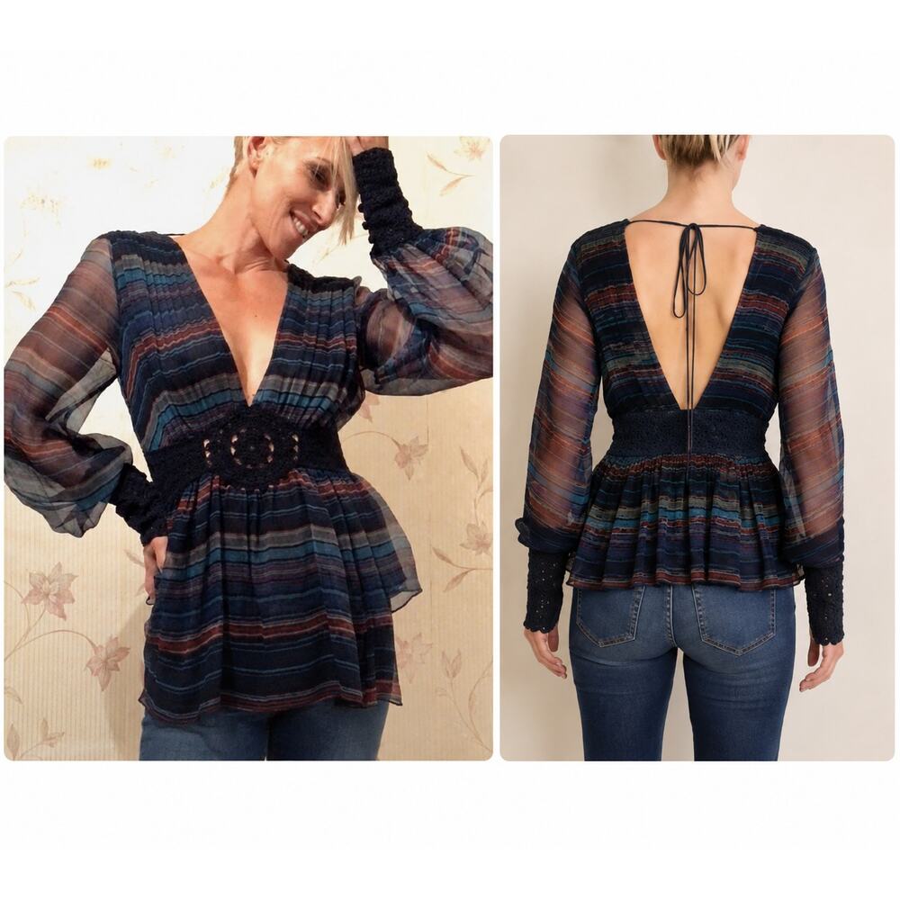 Maxazria Collection DeepV Bishop Sleeve Strip Silk Chiffon Boho Blouse NWT Small